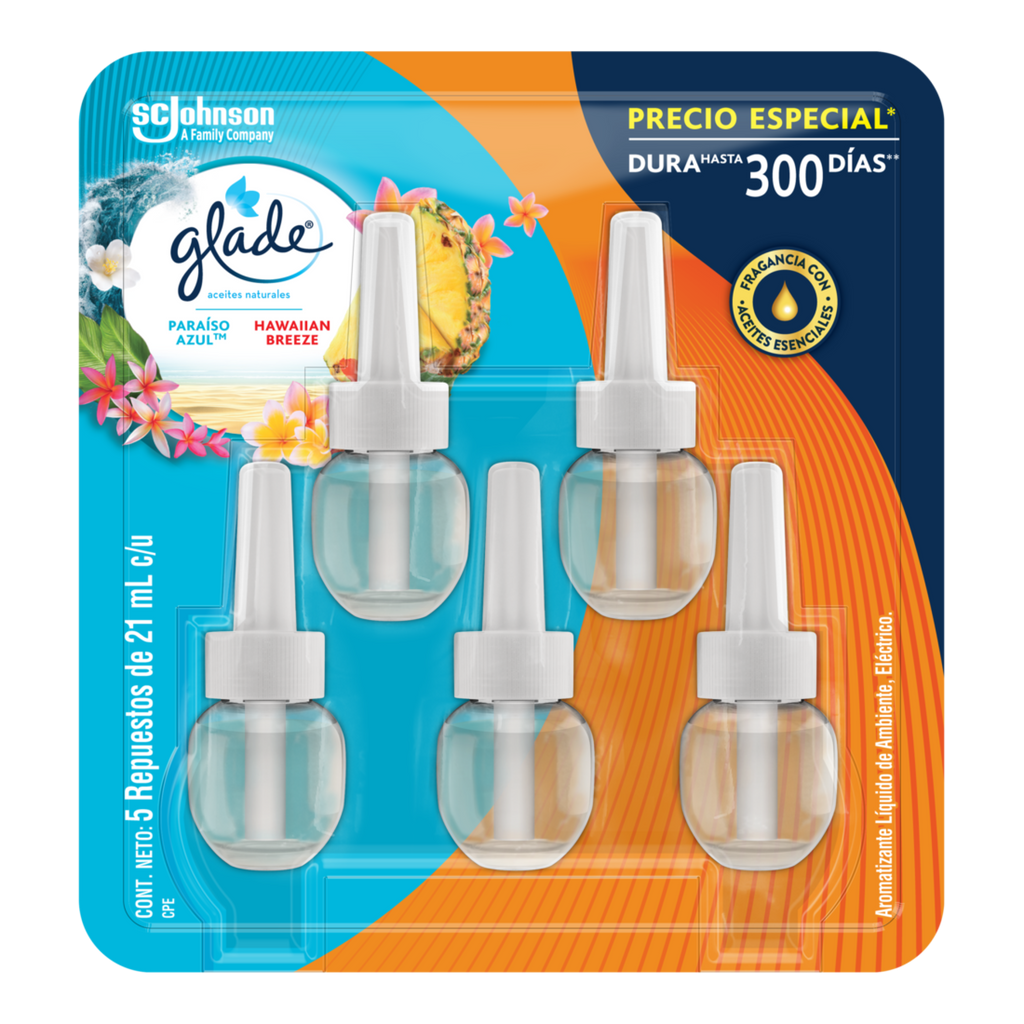 Glade® Aceites Naturales 3 Repuestos Paraíso Azul™ más 2 Repuestos 105ml