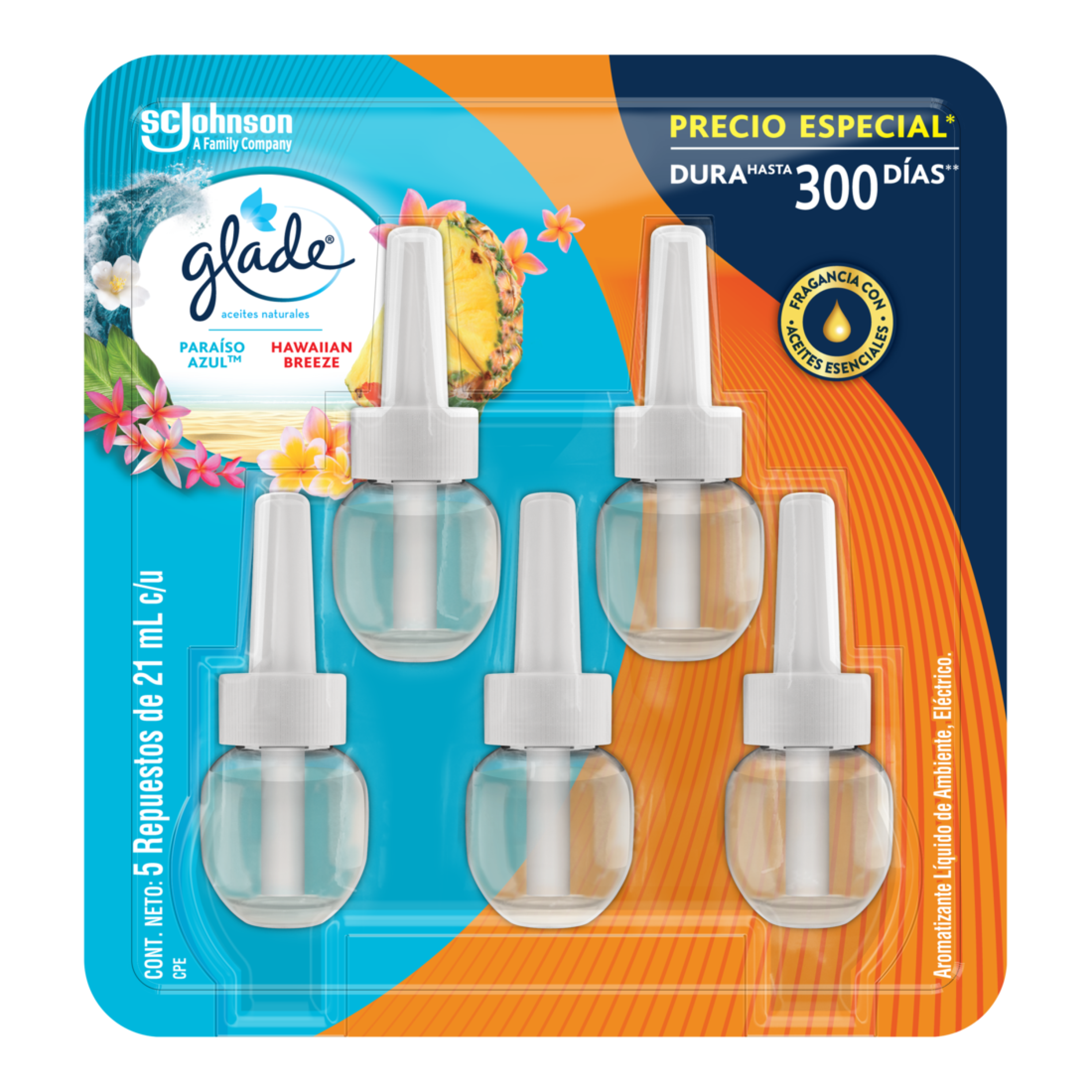 Glade® Aceites Naturales 3 Repuestos Paraíso Azul™ más 2 Repuestos 105ml