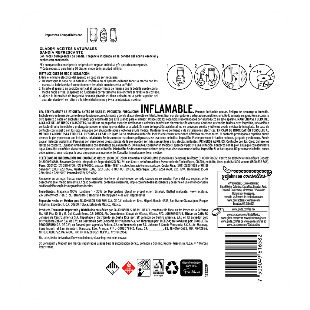 Aromatizante de Aceites Naturales Glade +3 Repuestos Sandía Refrescante de 21ml c/u
